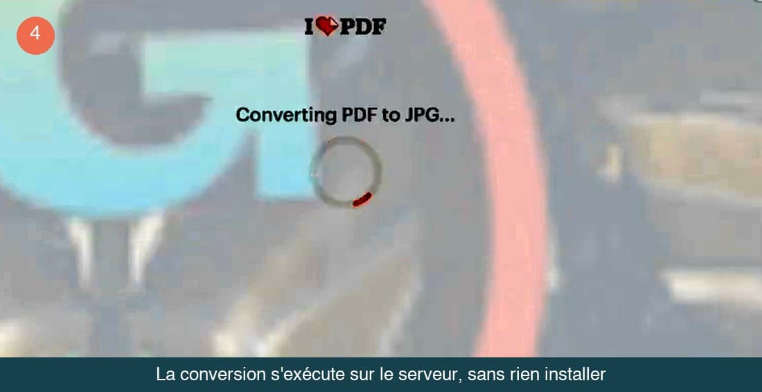 Écran indiquant Converting PDF to JPG avec un indicateur de progression circulaire