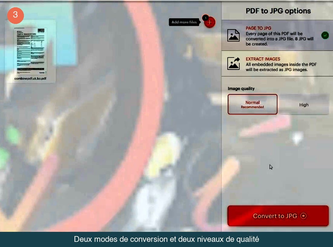 Panneau d'options affichant les modes Page to JPG et Extract images et le réglage de qualité Normal ou High