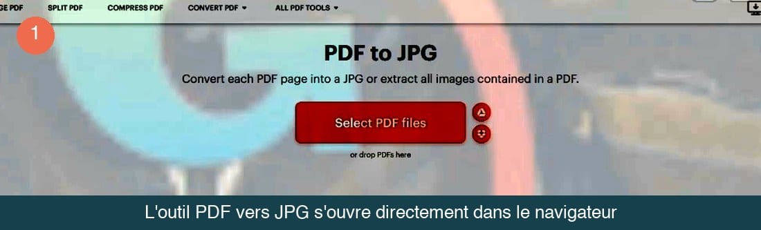 Page PDF to JPG d'un convertisseur en ligne avec le bouton rouge Select PDF files