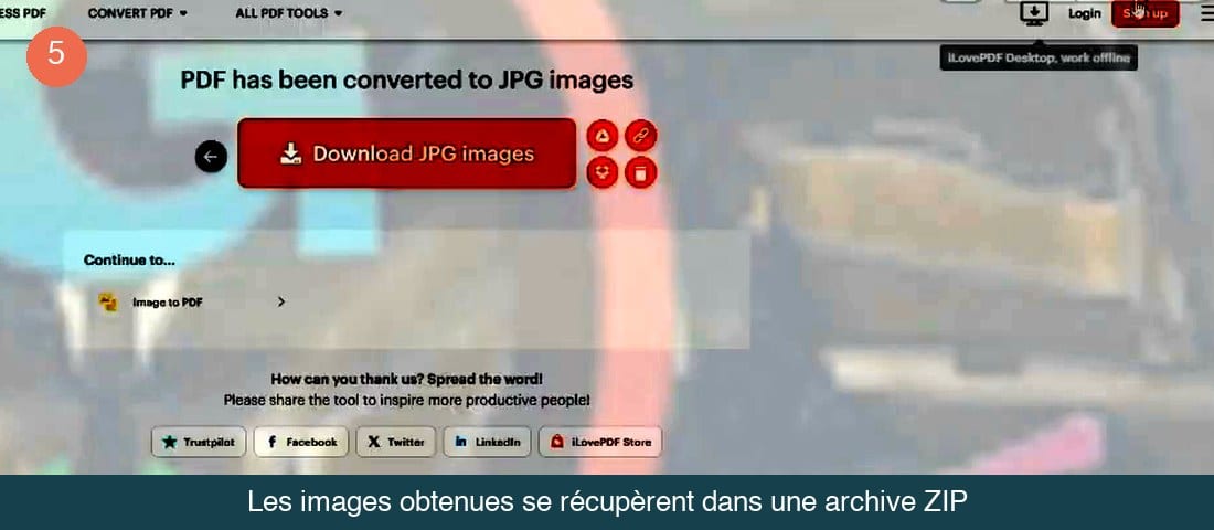 Page de résultat avec le bouton Download JPG images après la conversion