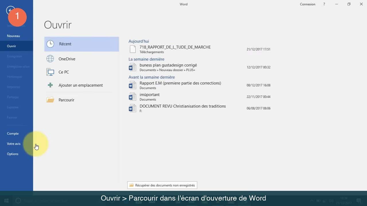 Écran Ouvrir de Word 2016 avec le bouton Parcourir dans la colonne de gauche