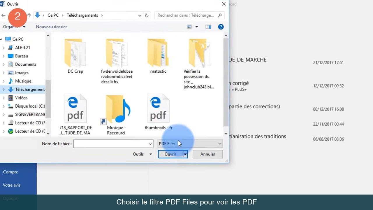Boîte de dialogue Ouvrir de Word avec la liste de type de fichier réglée sur PDF Files dans le dossier Téléchargements