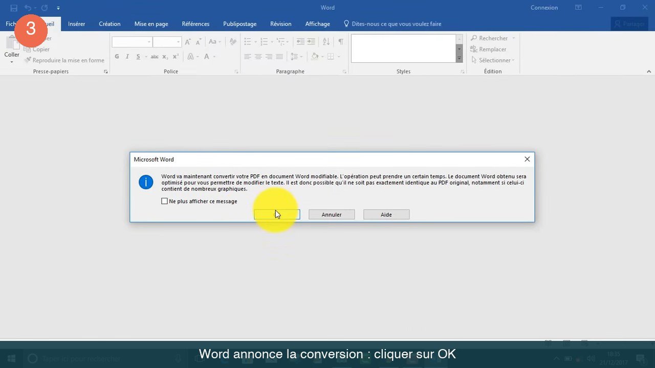 Message de Word annonçant la conversion du PDF en document Word modifiable avec les boutons OK, Annuler et Aide