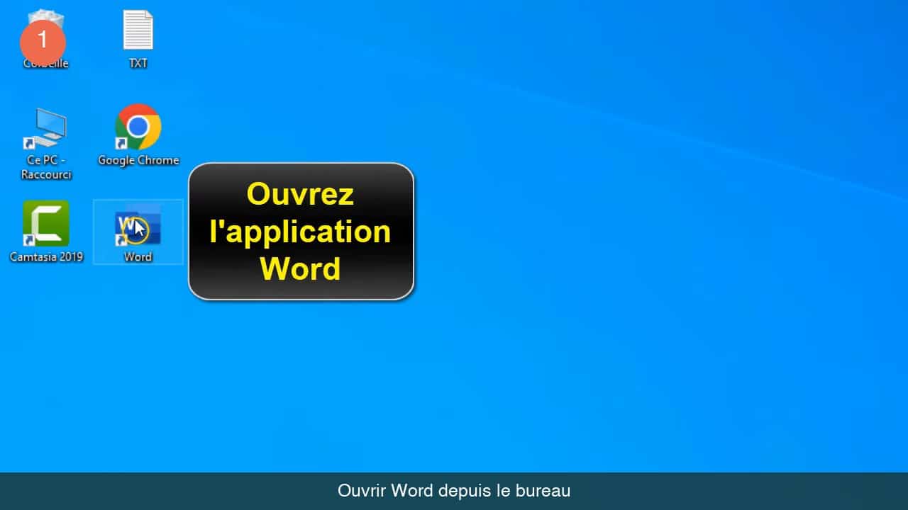 Bureau Windows avec l'icône de l'application Word sélectionnée
