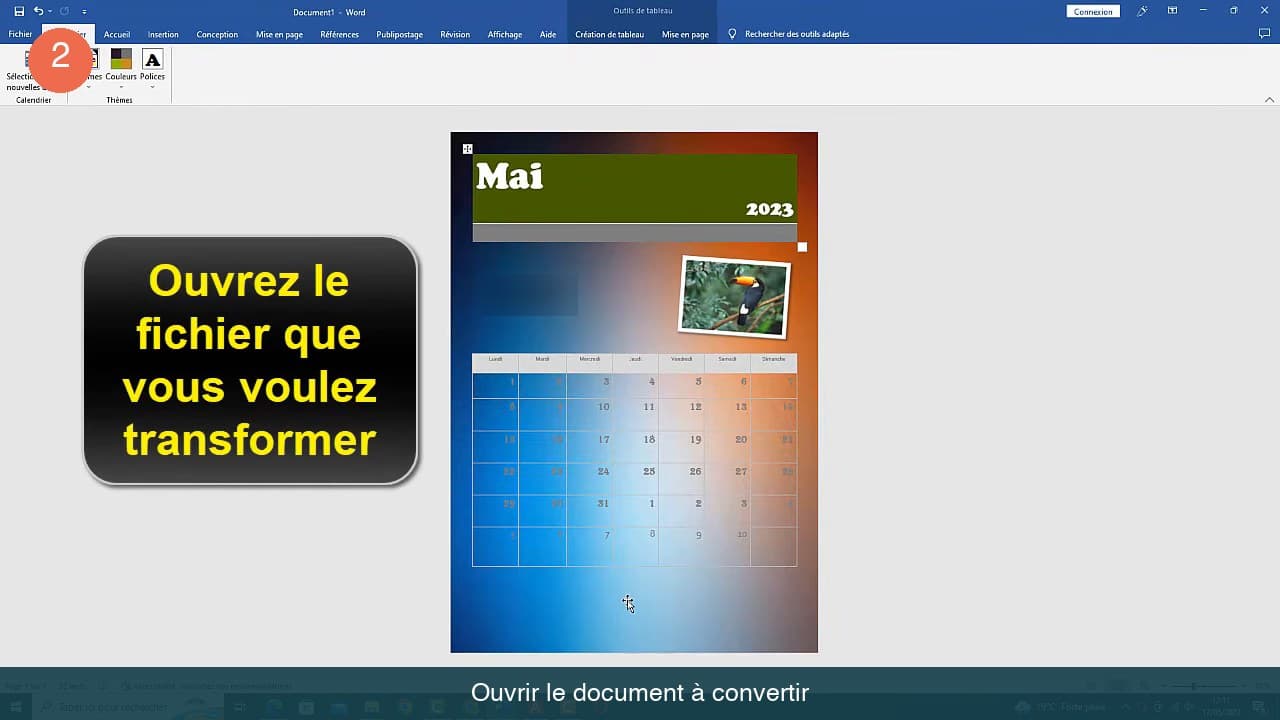 Document Word ouvert affichant une page de calendrier illustrée, prête à être convertie