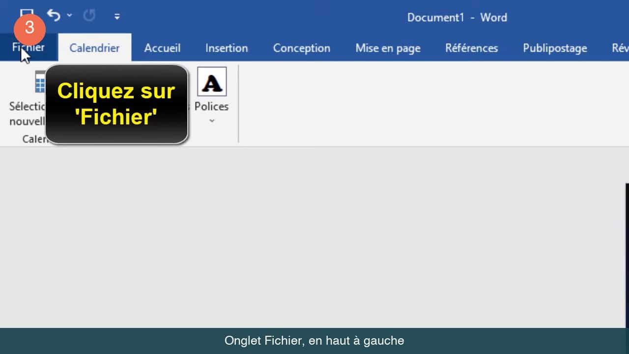 Ruban de Word avec le pointeur sur l'onglet Fichier, à gauche de l'onglet Accueil