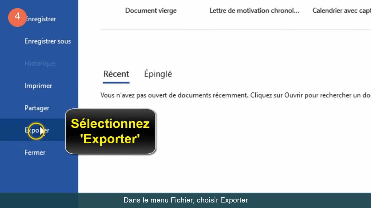 Menu Fichier de Word, entrée Exporter mise en évidence dans la colonne de gauche