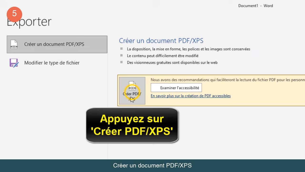 Page Exporter de Word avec le bouton Créer PDF slash XPS entouré