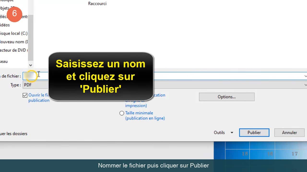 Boîte de dialogue d'enregistrement avec le type PDF, les options d'optimisation et le bouton Publier