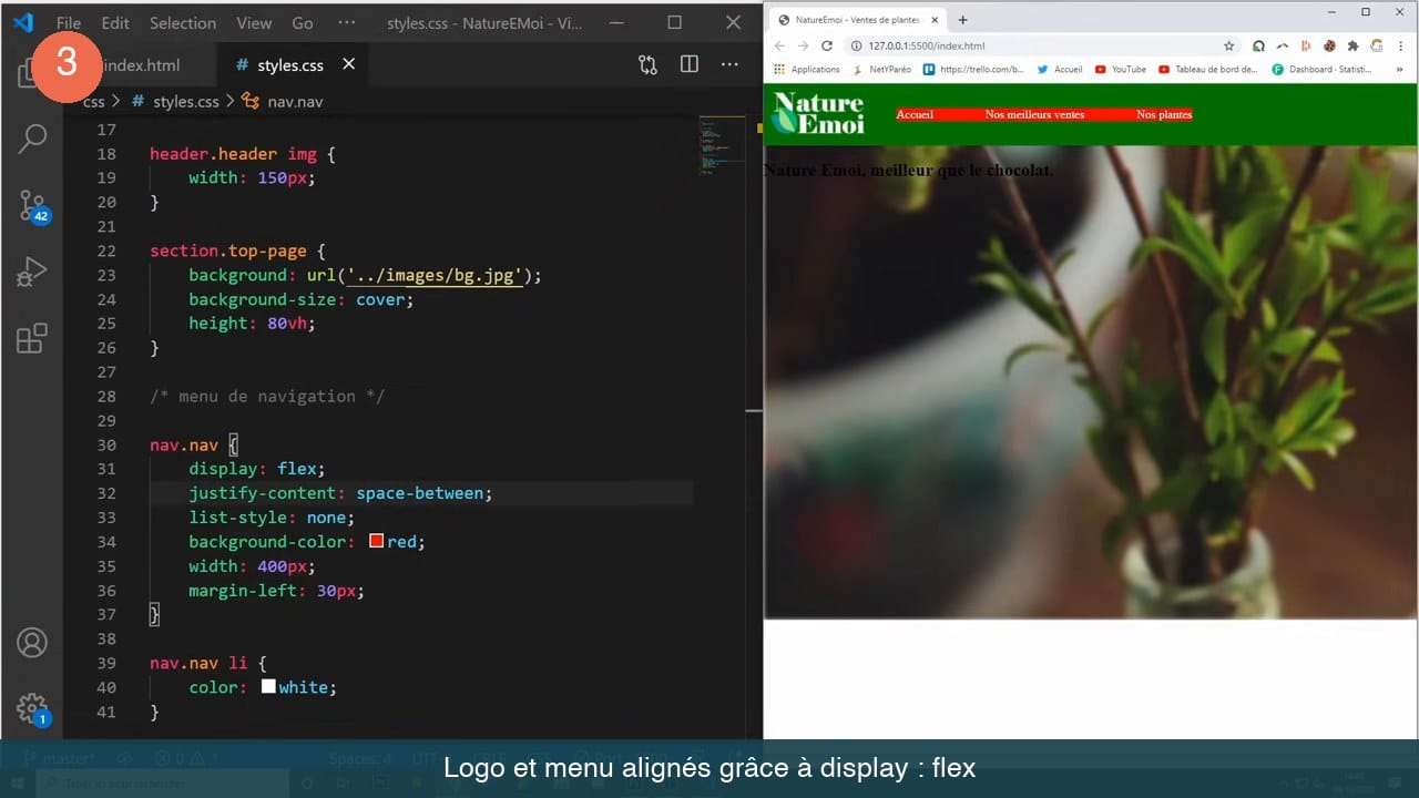 Feuille de style CSS avec display flex et justify-content space-between, et en-tête du site montrant le logo et le menu.