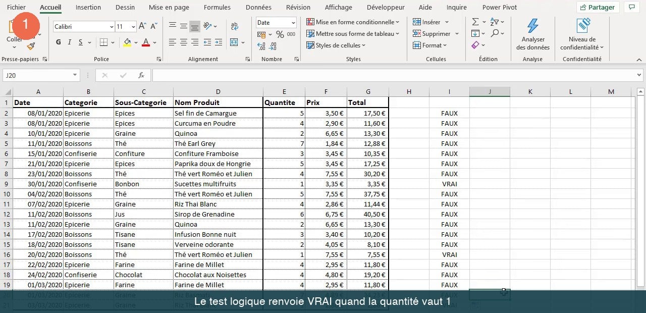 Feuille Excel avec une colonne de test affichant VRAI ou FAUX en face de chaque quantité