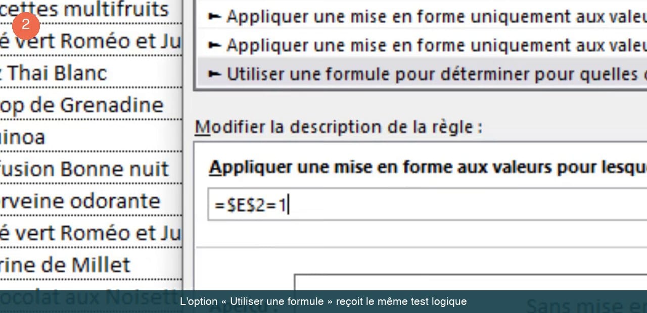 Fenêtre Nouvelle règle de mise en forme d'Excel avec la formule saisie dans le champ de description