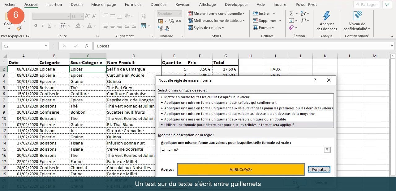 Règle Excel avec un test sur du texte entre guillemets et un aperçu de remplissage orange