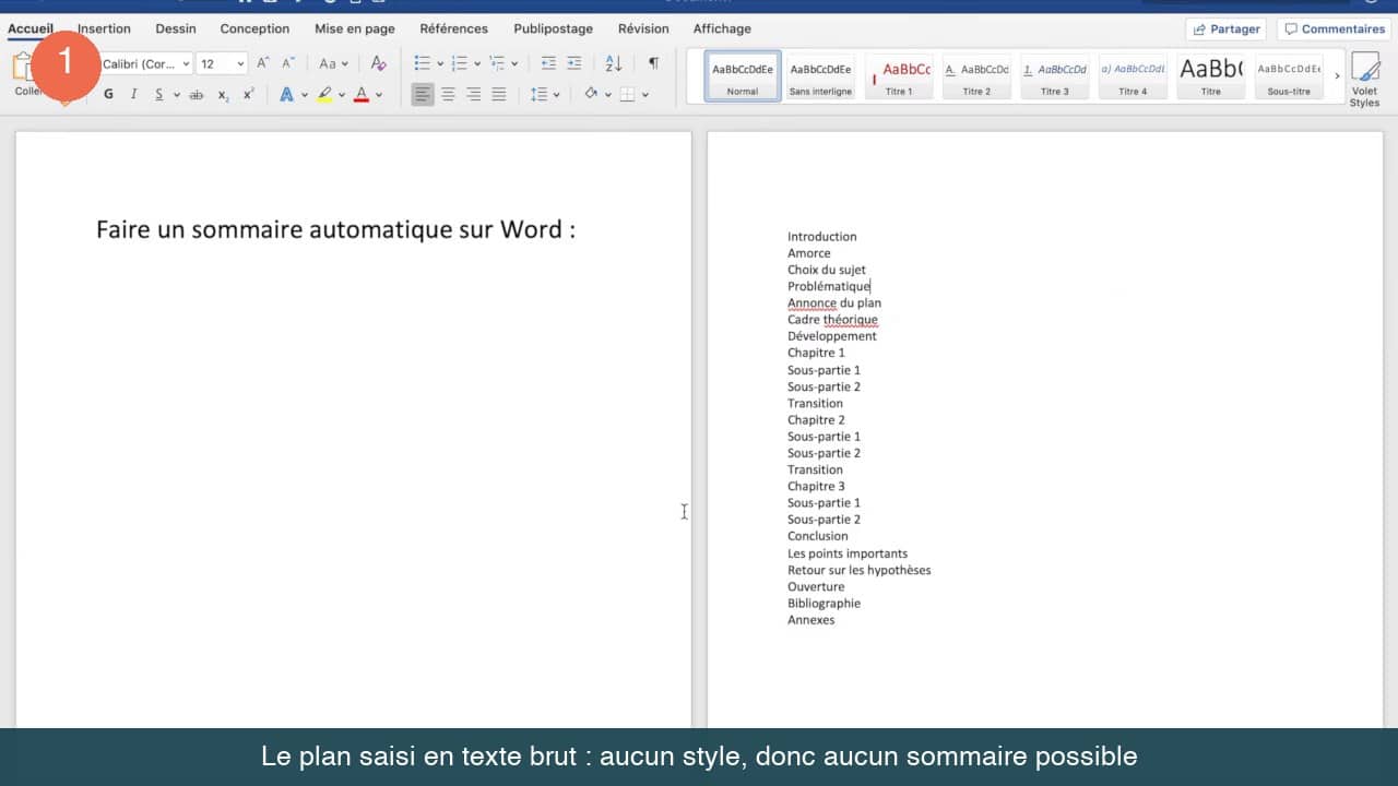 Document Word affichant un plan de mémoire saisi en texte normal, sans aucun style appliqué