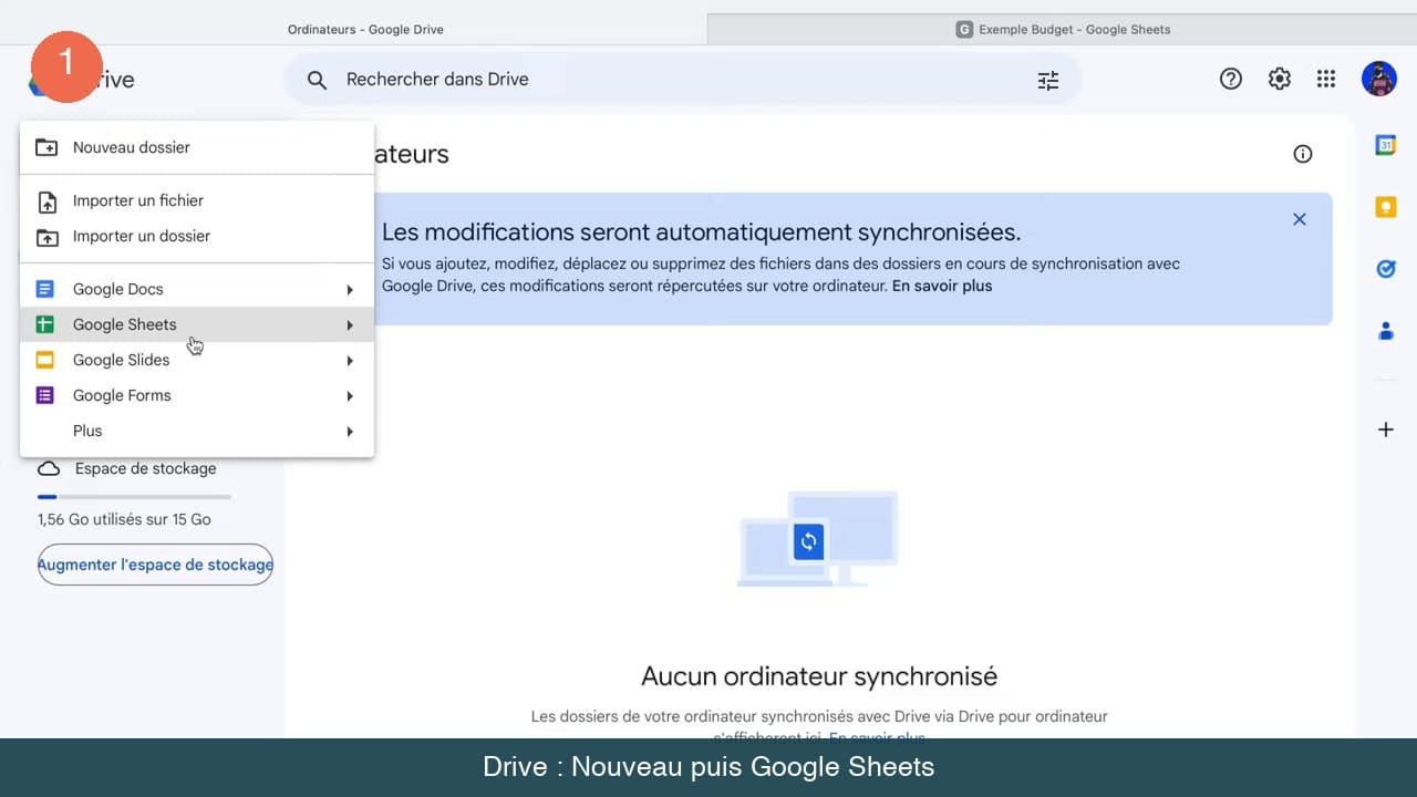 Menu Nouveau ouvert dans Google Drive avec l'entrée Google Sheets survolée par le curseur