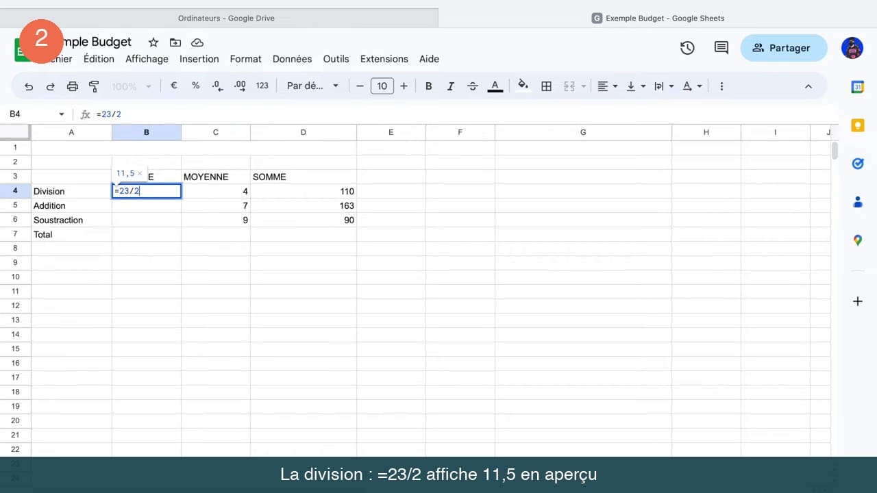 Cellule B4 de Google Sheets en cours de saisie avec la formule égal 23 barre oblique 2 et l'aperçu du résultat 11,5 au-dessus