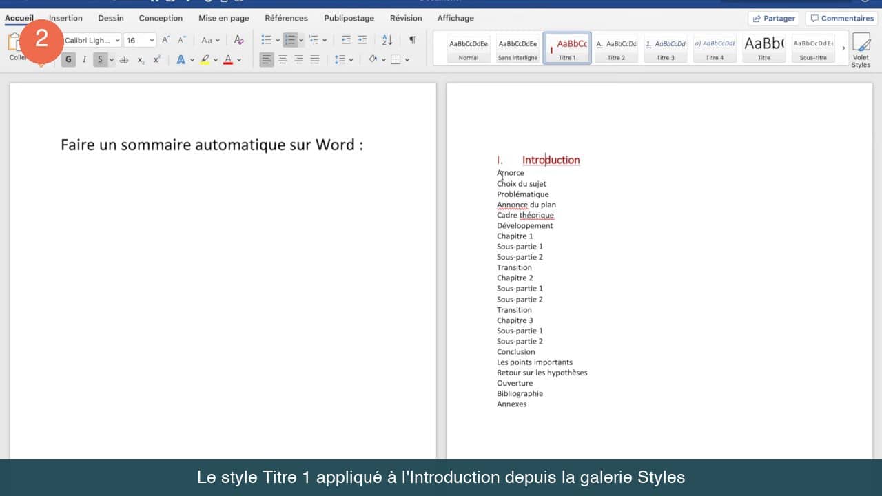Le style Titre 1 sélectionné dans la galerie Styles de Word, appliqué à la ligne Introduction
