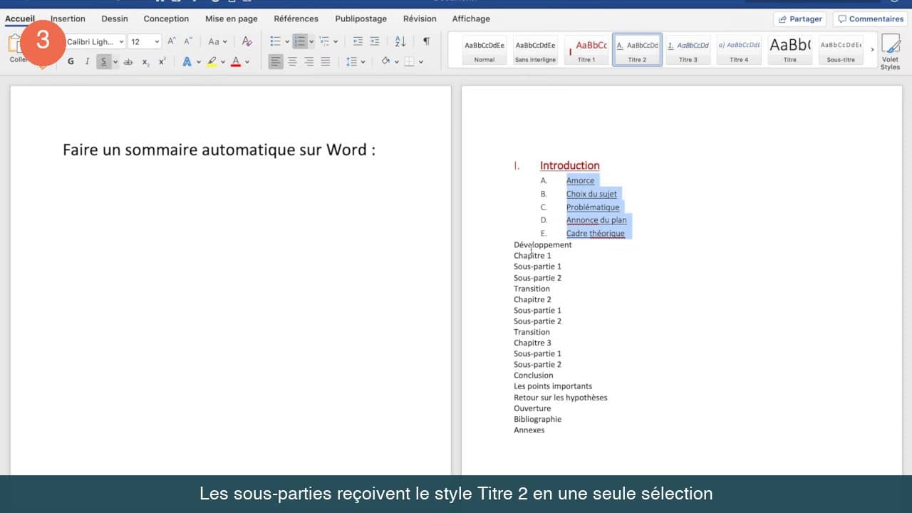 Cinq sous-parties sélectionnées ensemble dans Word recevant le style Titre 2