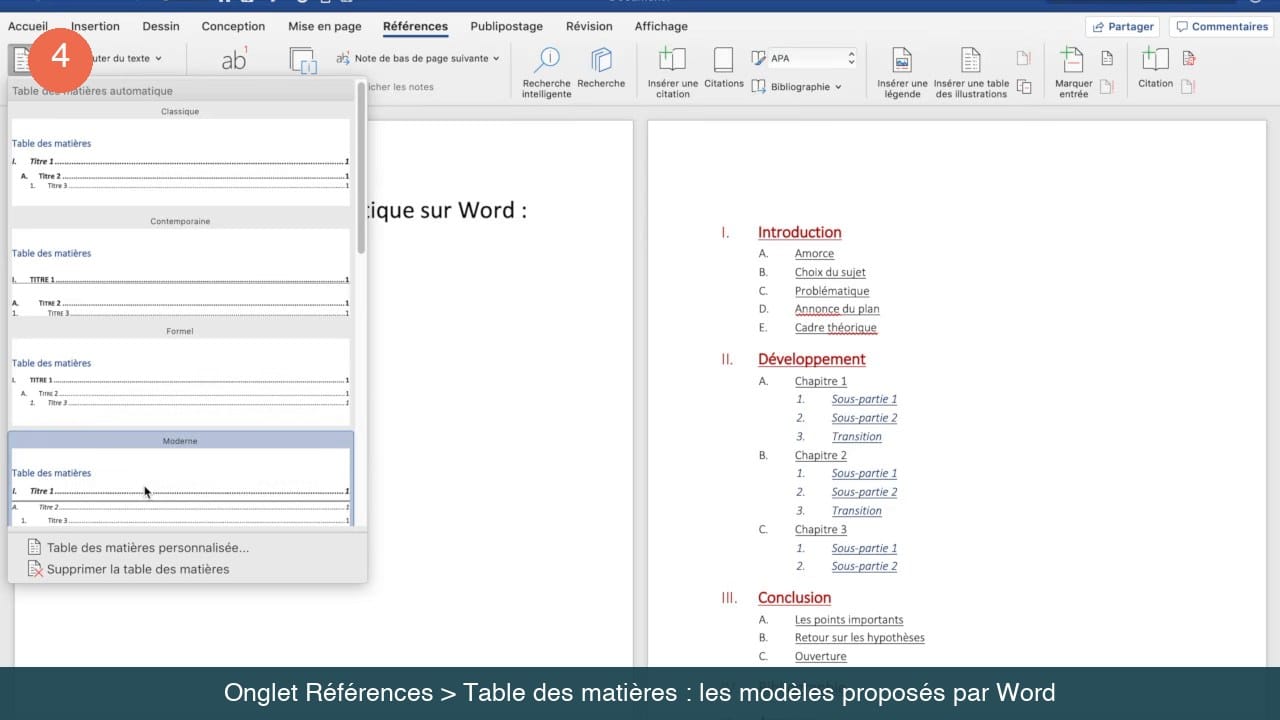 Galerie Table des matières ouverte dans l'onglet Références de Word avec les modèles Classique, Contemporaine, Formel et Moderne