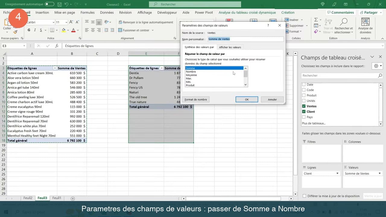 Boîte de dialogue Paramètres des champs de valeurs dans Excel avec la liste Somme, Nombre, Moyenne, Max et Min