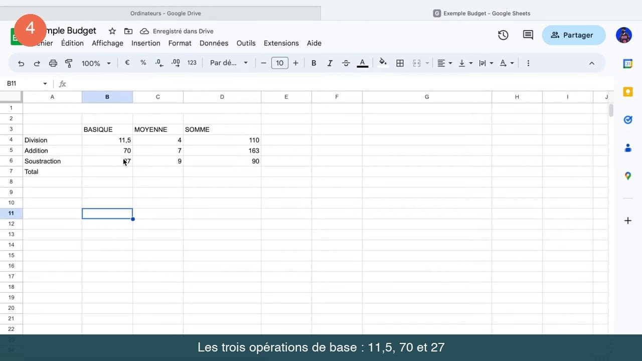 Feuille Google Sheets affichant les résultats 11,5, 70 et 27 dans la colonne BASIQUE en face des libellés Division, Addition et Soustraction