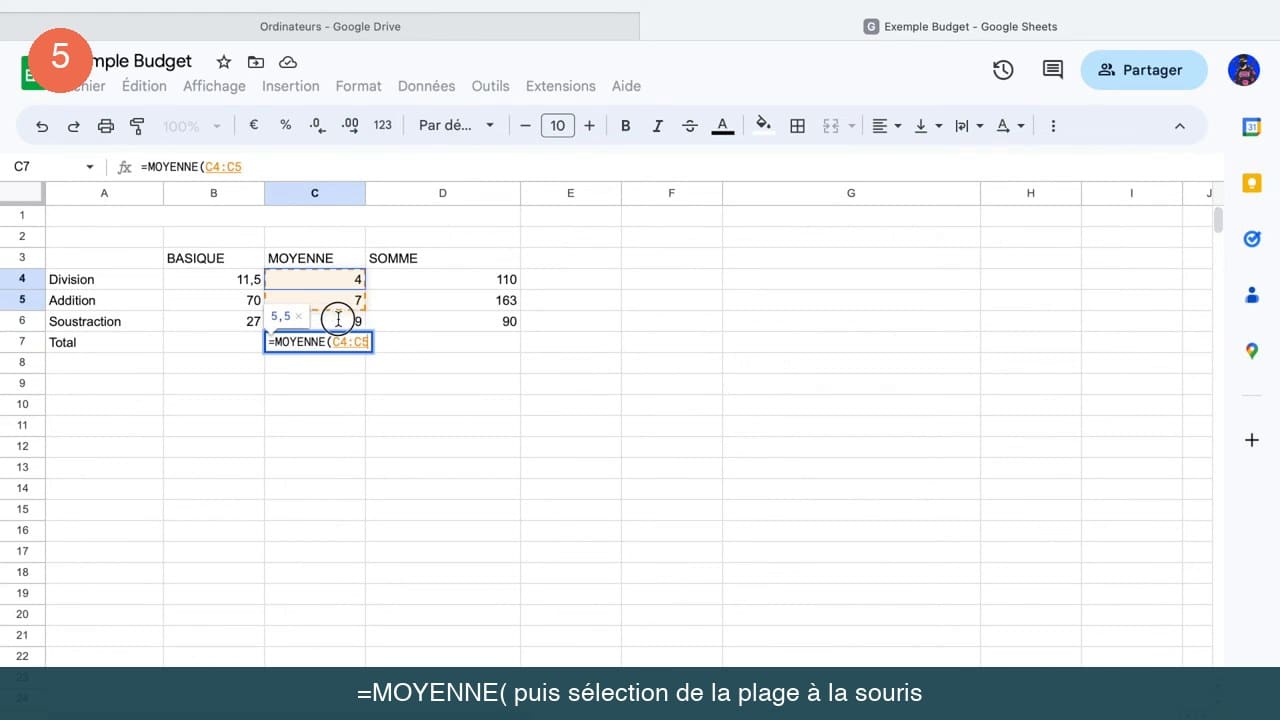 Formule MOYENNE en cours de saisie dans Google Sheets avec la plage C4 deux-points C5 sélectionnée à la souris et surlignée en orange