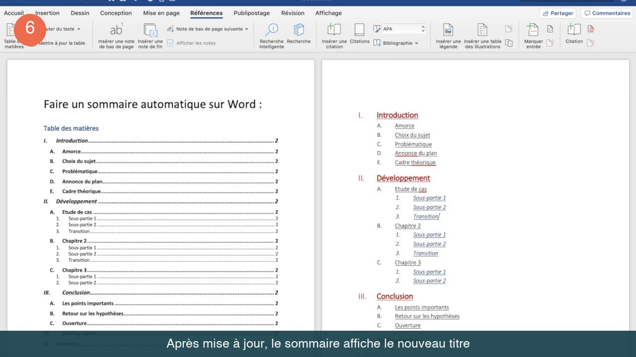 Sommaire Word mis à jour affichant le nouvel intitulé Etude de cas à la place de Chapitre 1
