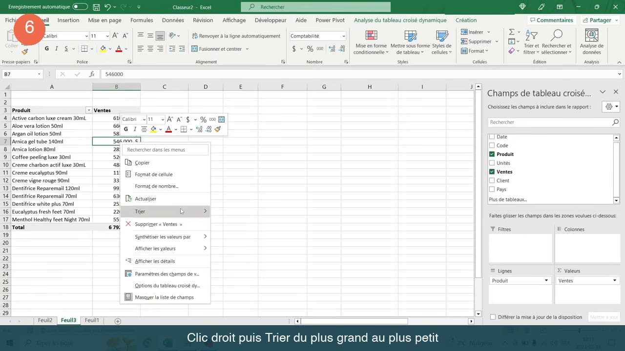 Menu contextuel d'un tableau croisé dynamique Excel avec les options Actualiser, Trier, Synthétiser les valeurs par et Afficher les valeurs