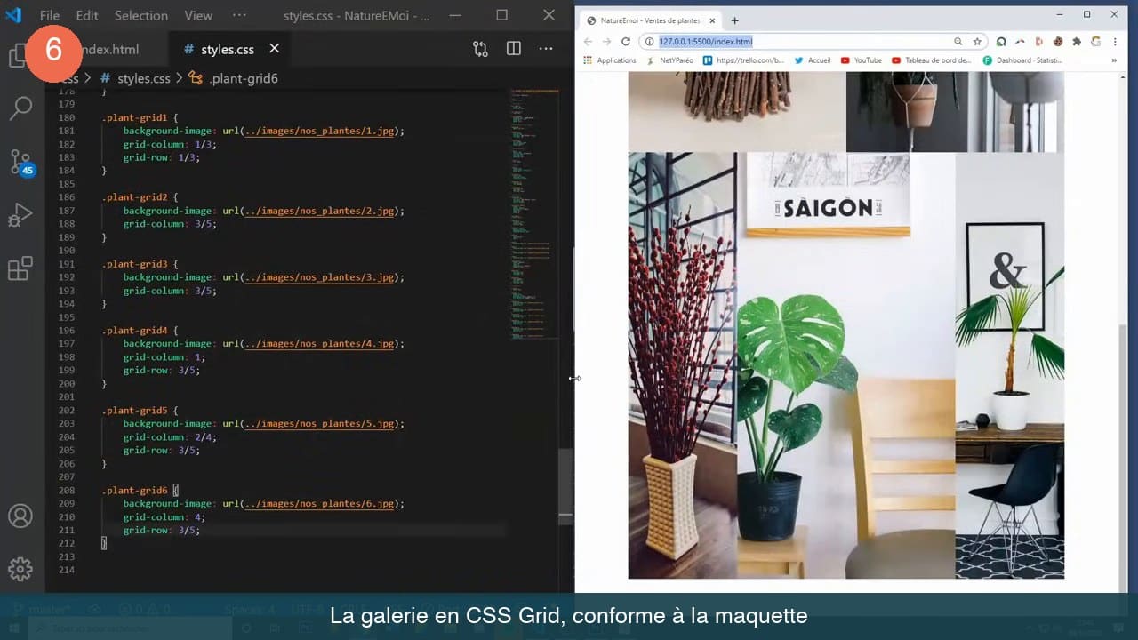 Règles CSS grid-column et grid-row pour six images et rendu de la galerie de plantes en grille.