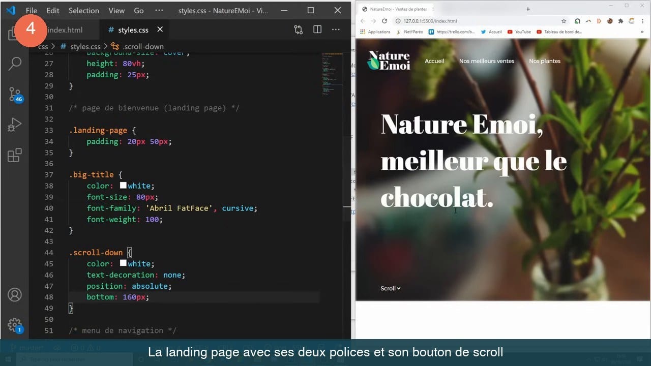 Code CSS de la classe big-title et rendu de la bannière avec grand titre blanc et lien Scroll en bas.