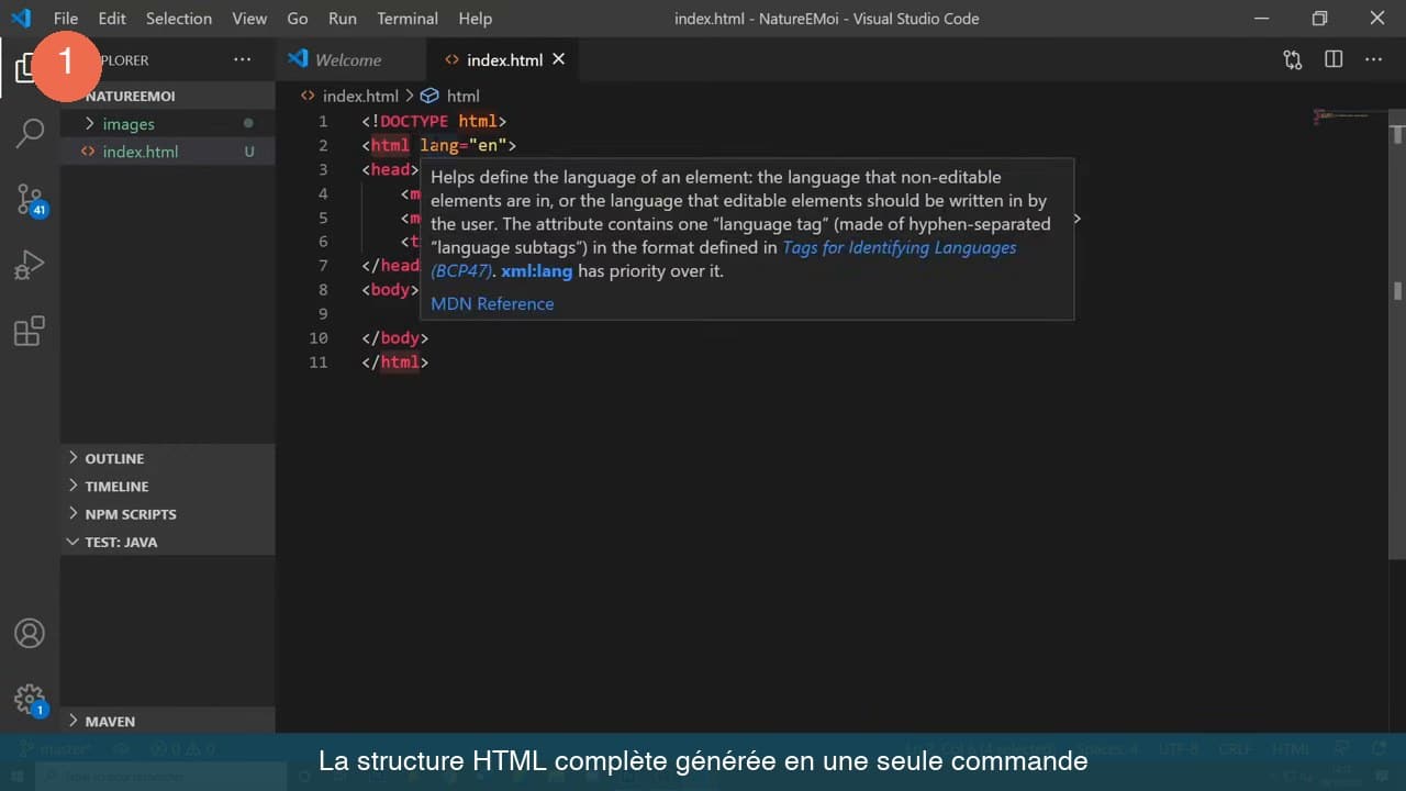 Éditeur de code affichant la structure HTML de base générée automatiquement : doctype, balises html, head et body.