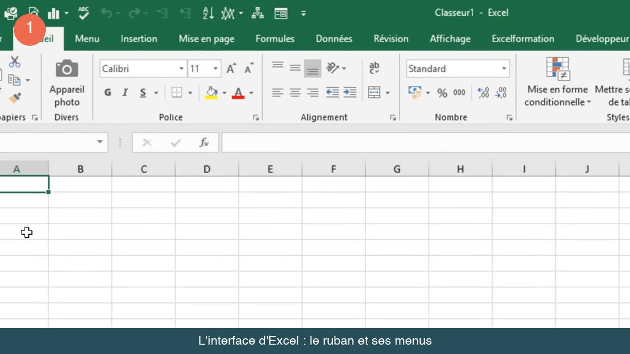 Interface d'Excel avec le ruban et ses menus Accueil, Insertion, Mise en page