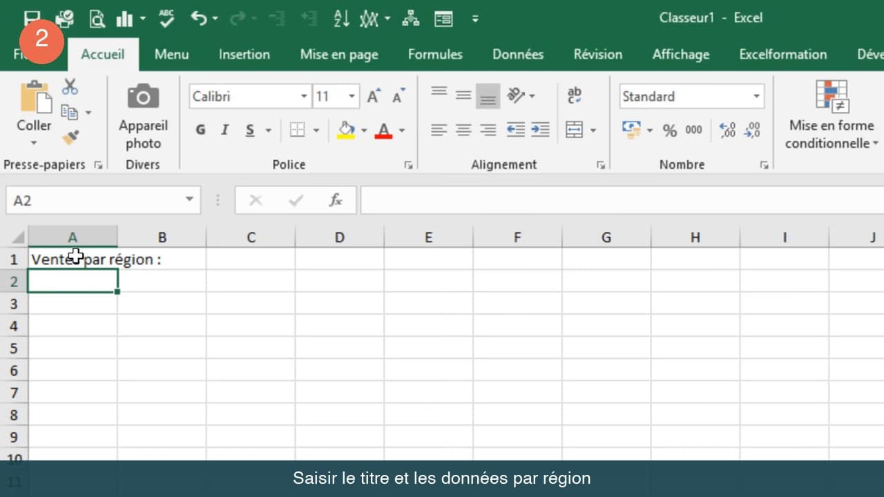 Saisie du titre Ventes par région dans la cellule A1 d'Excel