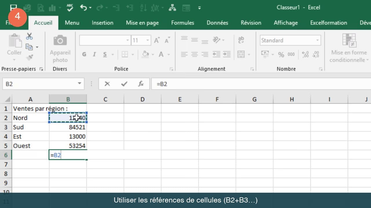 Formule Excel utilisant les références de cellules B2 à B5