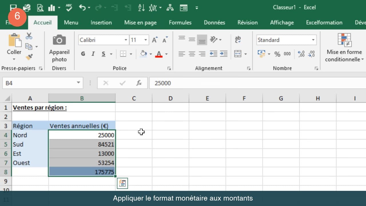 Application du format monétaire euros aux montants dans Excel