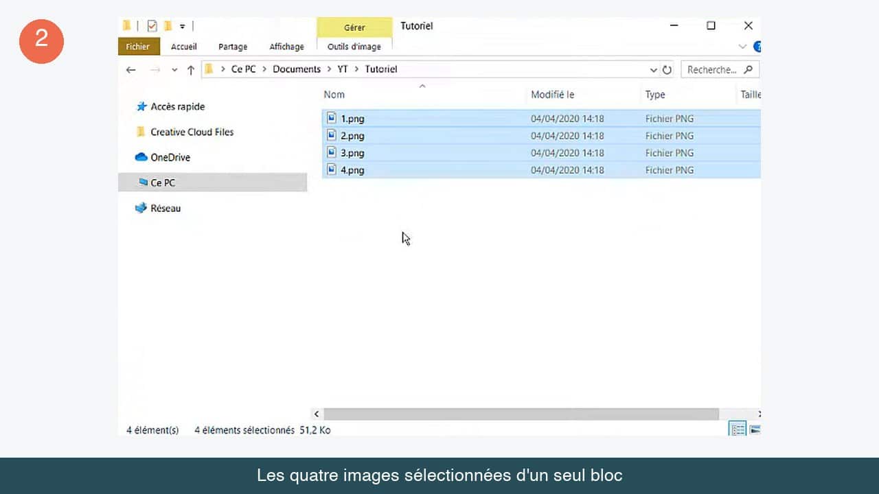 Les quatre fichiers PNG surlignés en bleu dans l'explorateur Windows, compteur d'éléments sélectionnés visible en bas