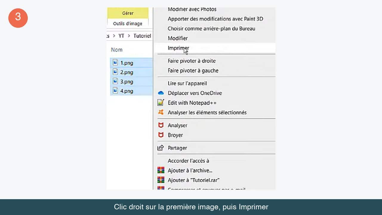 Menu contextuel Windows ouvert sur une image, avec la commande Imprimer visible dans la liste