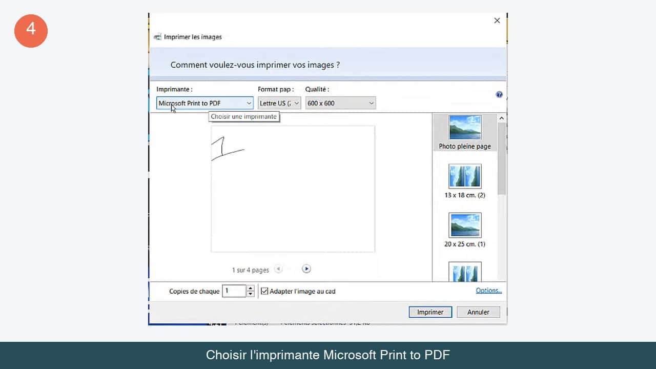 Fenêtre Imprimer les images de Windows avec l'imprimante Microsoft Print to PDF sélectionnée dans le menu déroulant