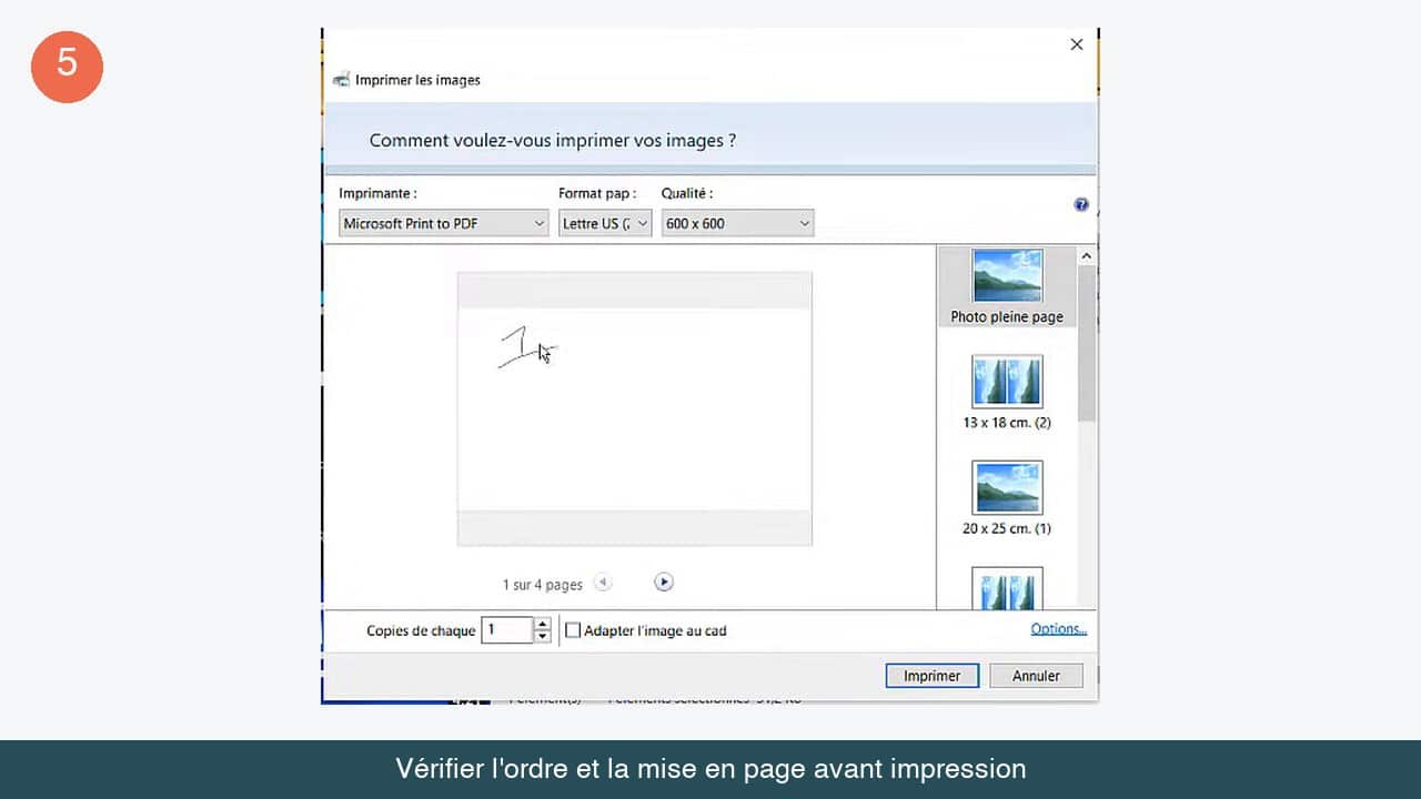 Aperçu d'impression Windows affichant 1 sur 4 pages, les mises en page disponibles et la case Adapter l'image au cadre décochée