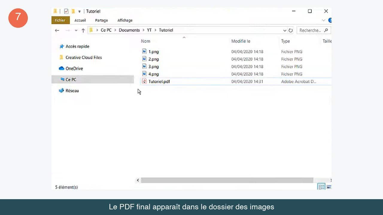 Dossier Windows affichant le nouveau fichier PDF à côté des quatre images PNG d'origine