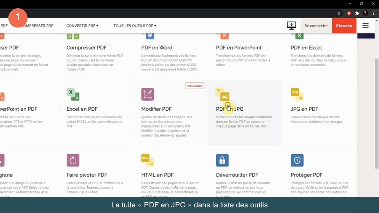 Grille des outils PDF en ligne avec la tuile PDF en JPG survolée par le curseur