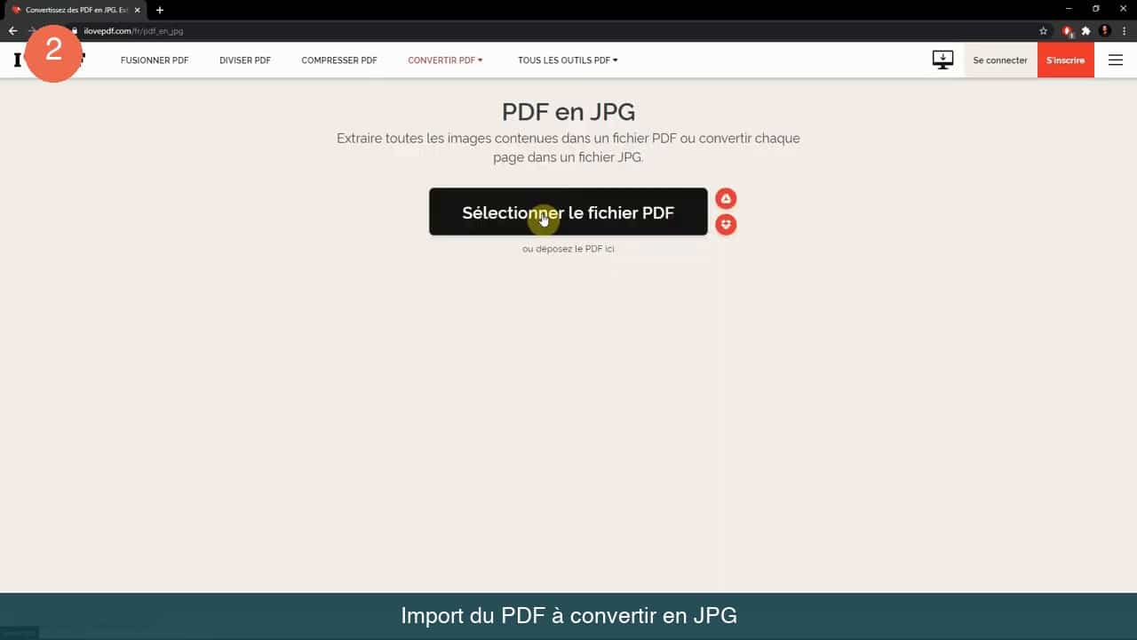 Page PDF en JPG avec le bouton noir Sélectionner le fichier PDF au centre