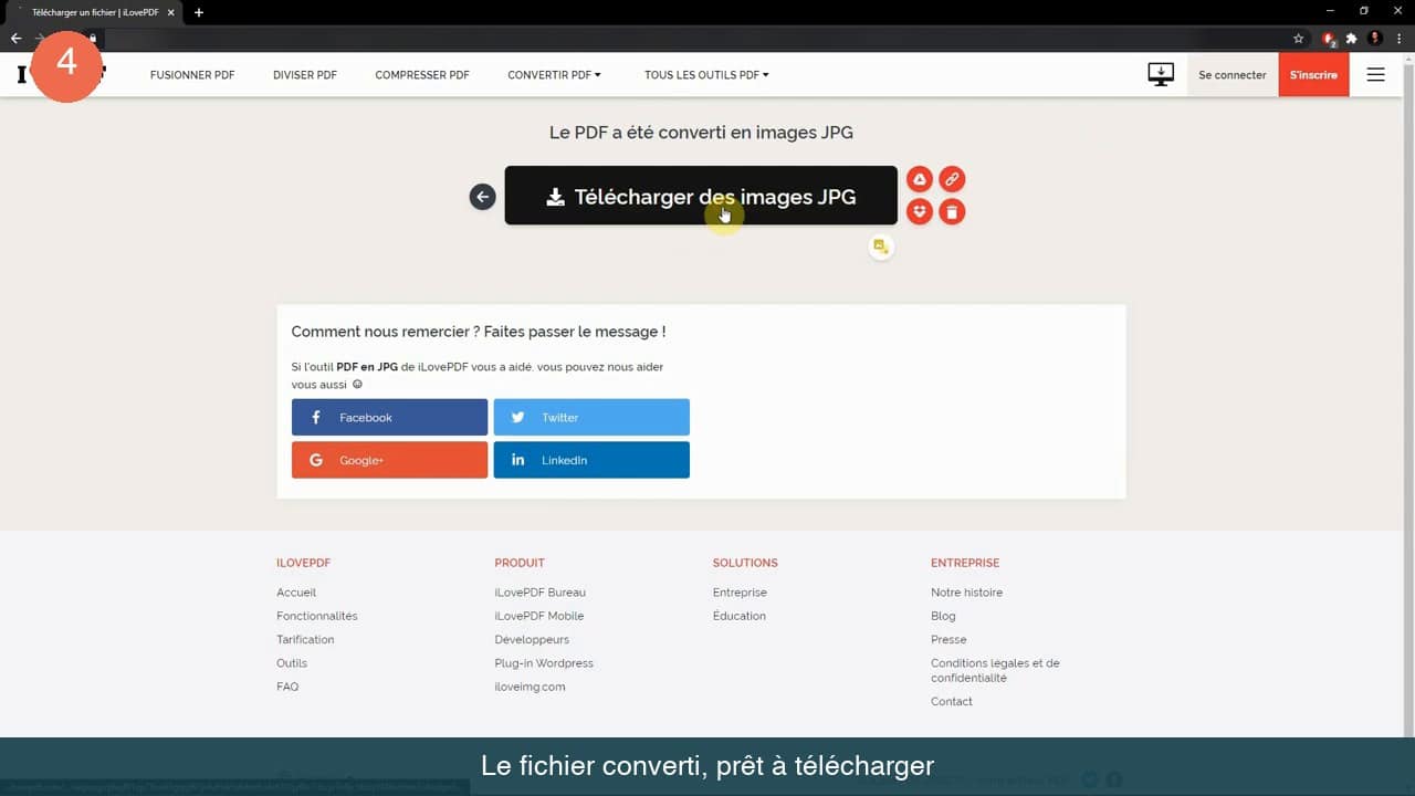Message Le PDF a été converti en images JPG avec le bouton Télécharger des images JPG
