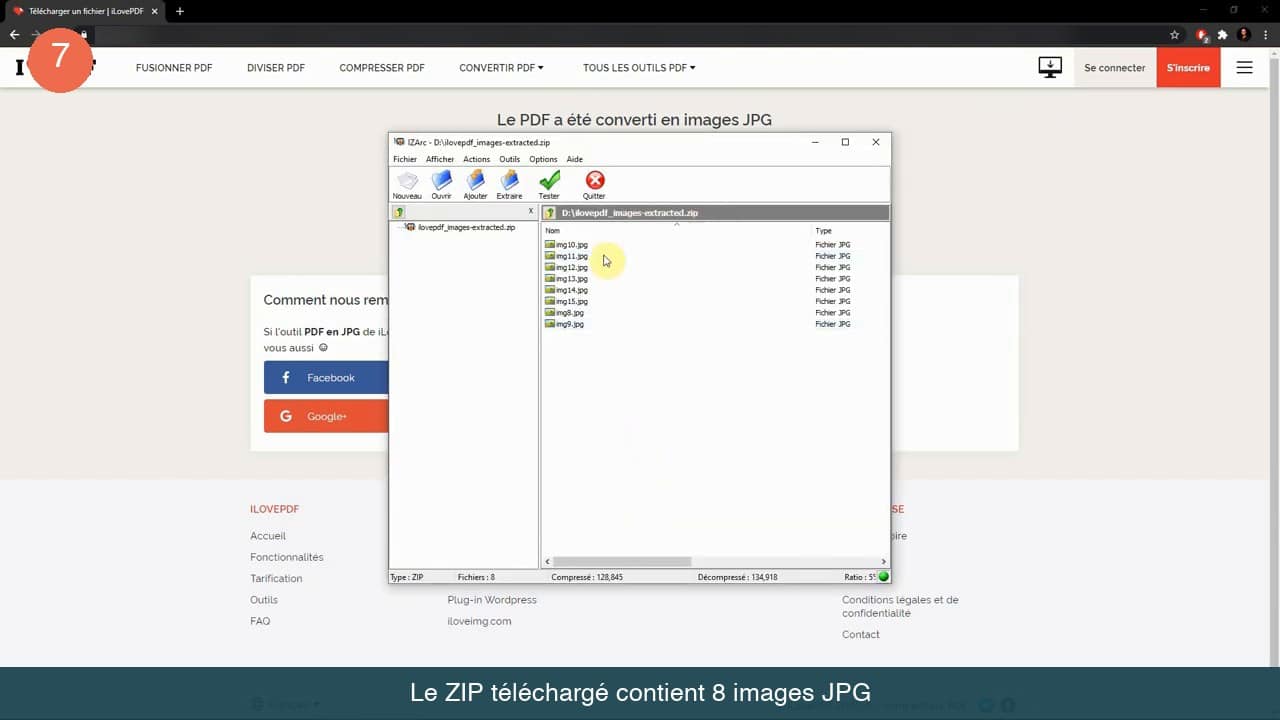 Archive ZIP ouverte contenant huit fichiers JPG extraits du PDF