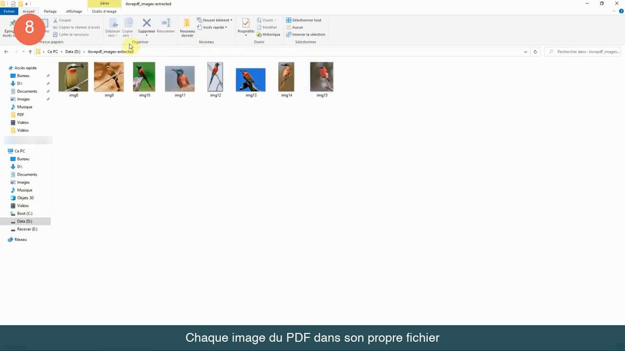Dossier Windows affichant les huit images extraites du PDF, chacune dans son fichier JPG