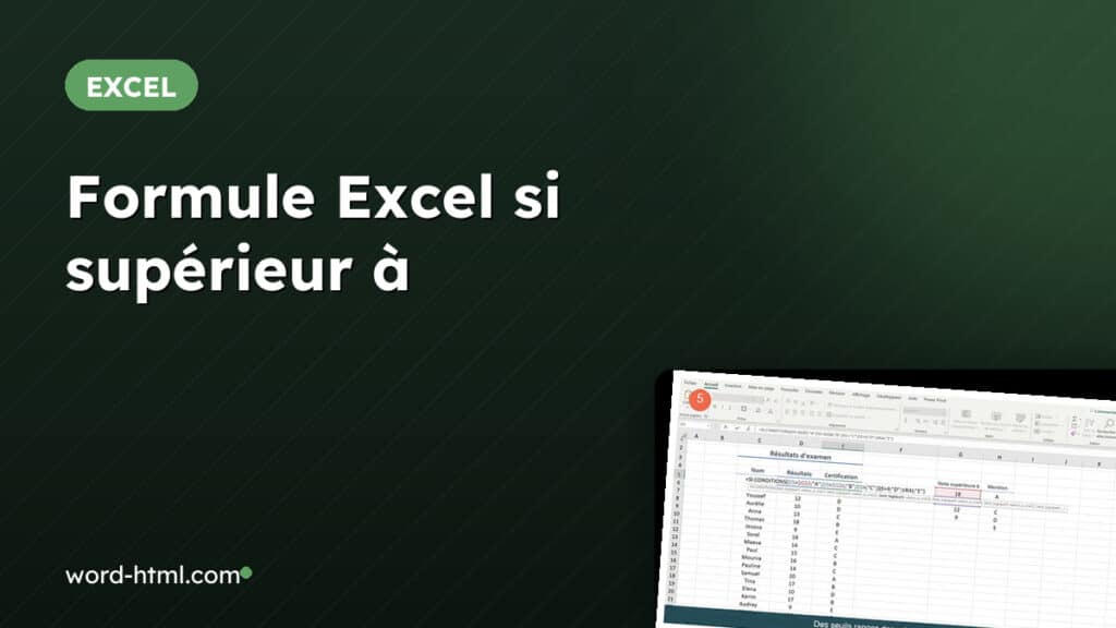 Couverture de l'article : formule Excel si supérieur à, avec un aperçu de la feuille de résultats