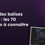 Couverture de l’article : liste des balises HTML, avec un aperçu du squelette d’une page HTML dans l’éditeur