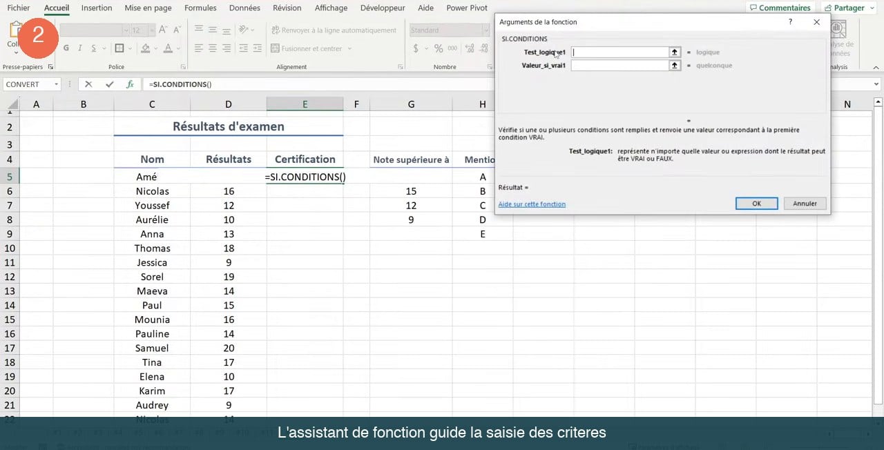Boîte de dialogue Arguments de la fonction ouverte sur SI.CONDITIONS avec les champs Test_logique1 et Valeur_si_vrai1 vides