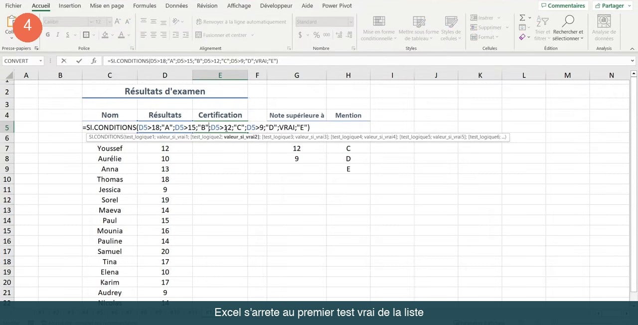Barre de formule Excel montrant SI.CONDITIONS avec cinq paires de tests et le mot VRAI placé en fin de liste