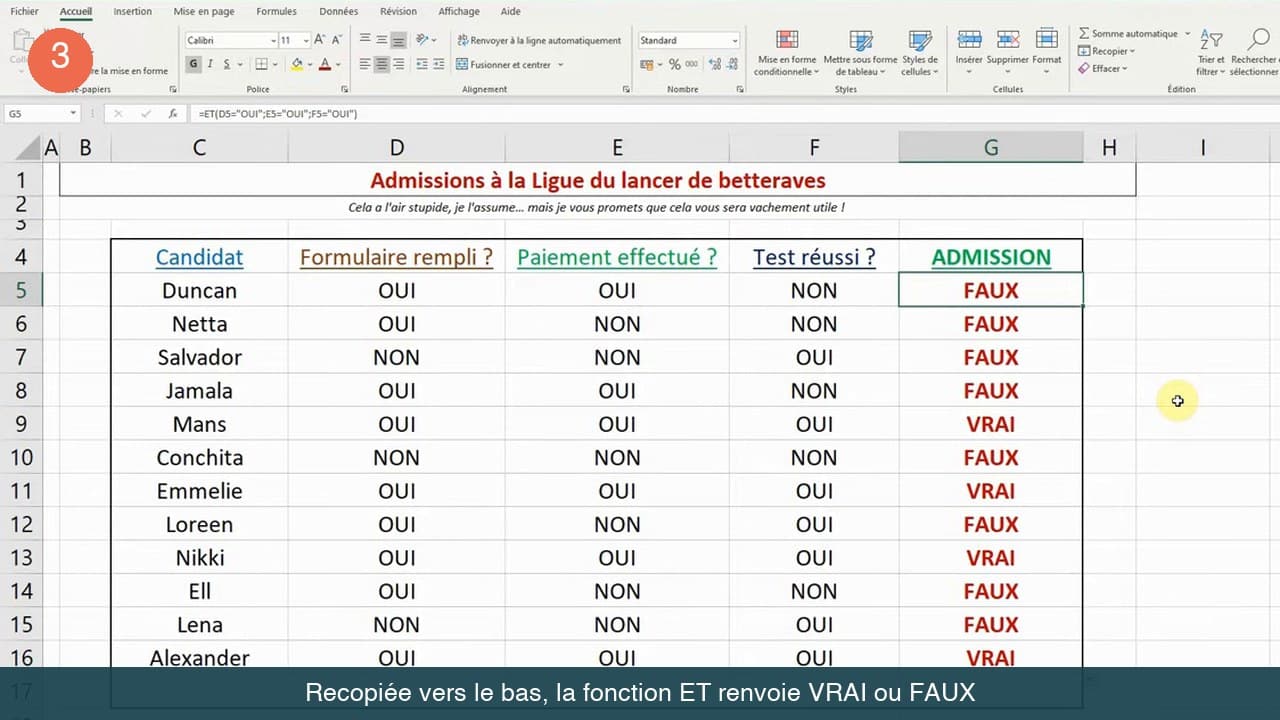 Colonne ADMISSION remplie de VRAI et FAUX apres recopie de la fonction ET sur toutes les lignes du tableau Excel